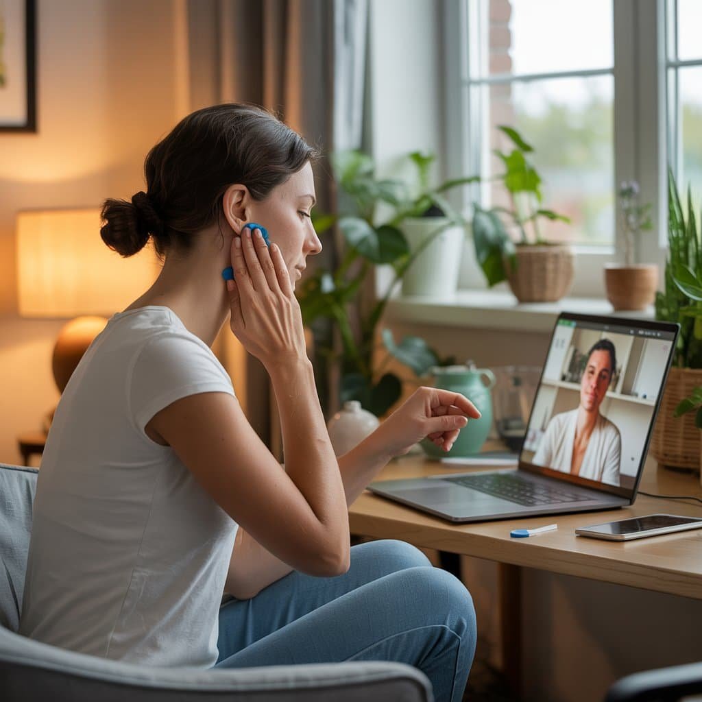 Calm-woman-practicing-EFT-remotely-through-video-call